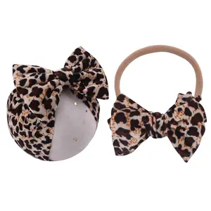 Baby Girls Leopard Headband Bow Turban - Wide Hair Band 2 Pack (B Set)