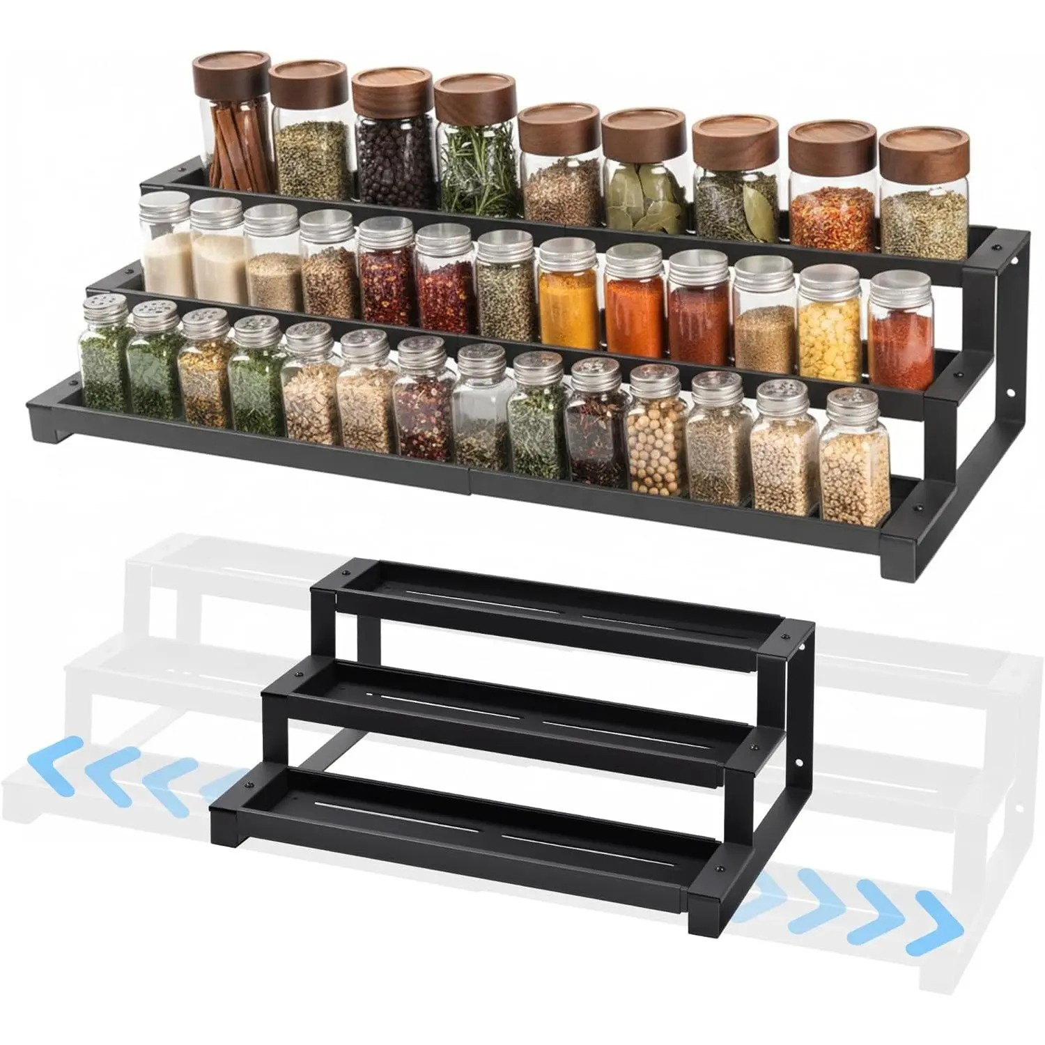 3-Tier Spice Rack Organizer for Cabinet or Pantry, 16"-29" Expandable Spice Organization Shelf, Seasoning Organizer, Display Shelf, Slip-Resistant for Jars and, Black