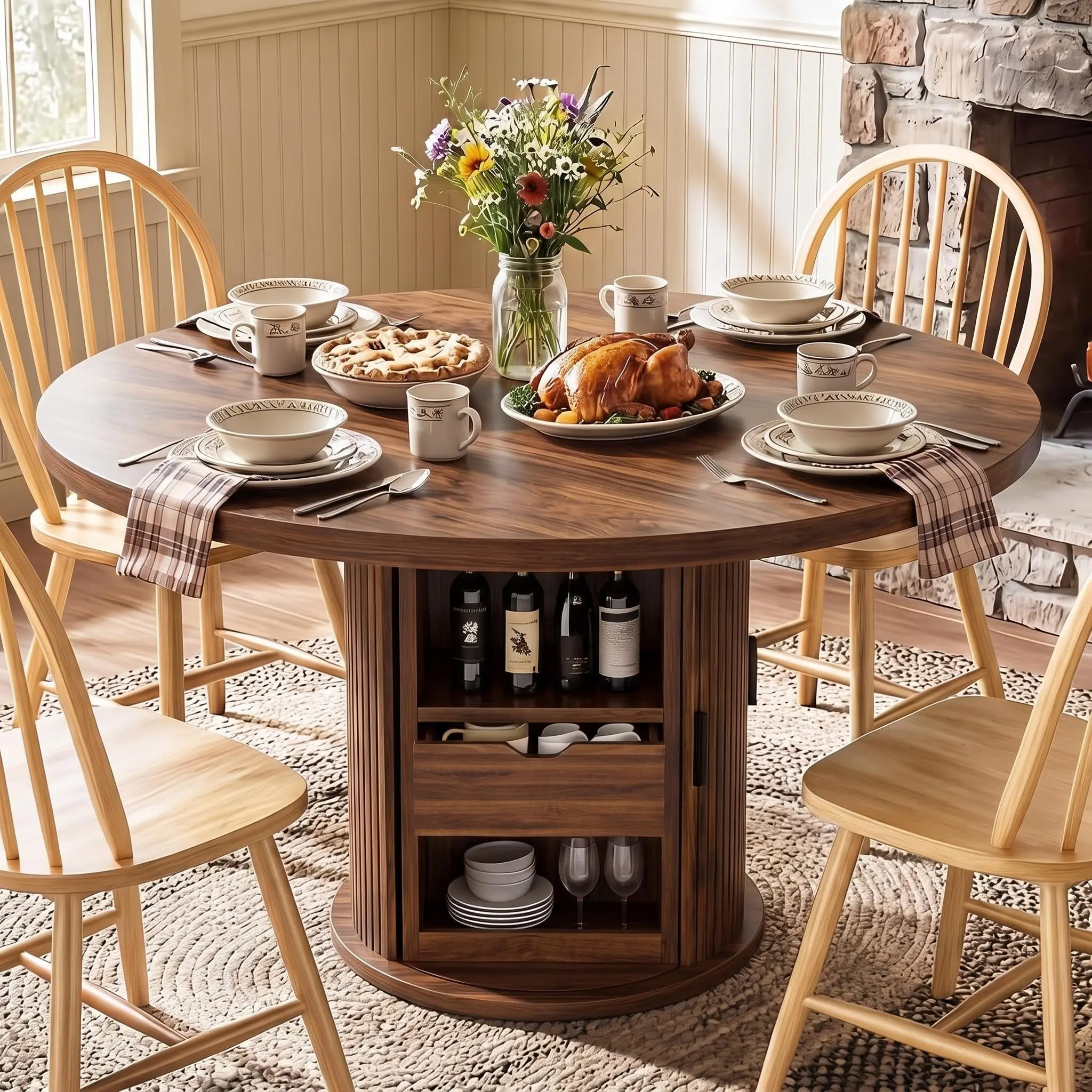 GARVEE 47" Round Dining Table for 4-6, Farmhouse Kitchen Table, Walnut