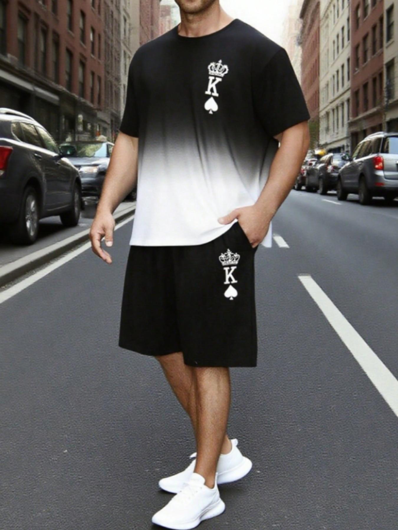 Men's 2-Piece Casual Set, Round Neck Short Sleeve T-Shirt and Shorts, Fitted Above Knee, All over Print, Sporty Style