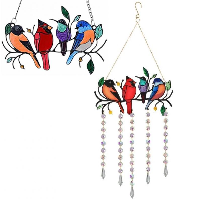 Stained Glass Window Hanging - Suncatcher Stained Glass Birds on Branch, Sun Catcher Crystals Hanging Rainbow Maker,Sun Catchers for Indoor Window Doors Room Home Decoration Hummingbird Gifts for Bird Lovers