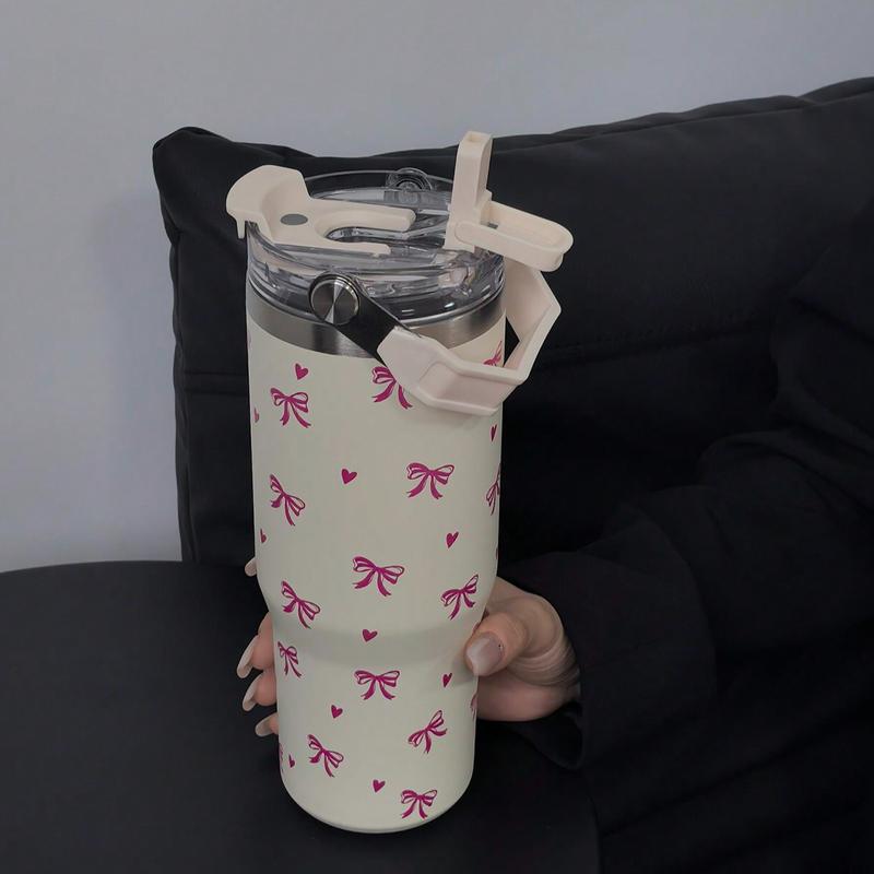 Butterfly & Heart Pattern Vacuum Flask, Large Capacity Water Bottle with Straw & Handle, Summer Cool Bottle Drinking Cup for Home Office School Outdoor, Drinkware #TOP PICKS