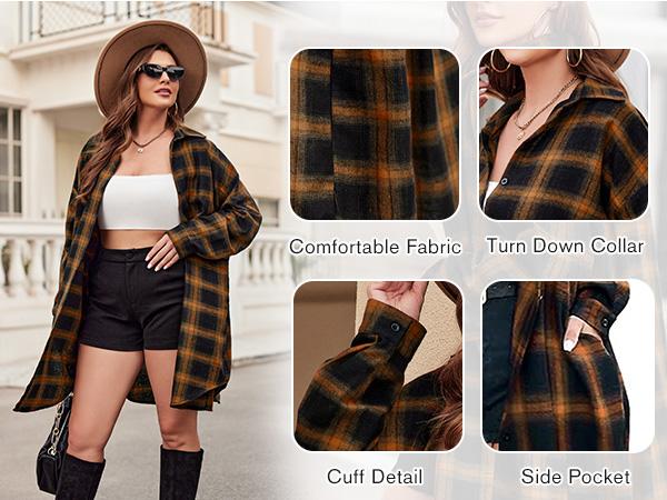 IN'VOLAND Womens Plus Size Plaid Shirt Long Sleeve Button Down Blouses Tops Shacket Jackets Coats with Pockets Chic Fashion Lightweight#US 2025 Deals for You Days Size runs small thin