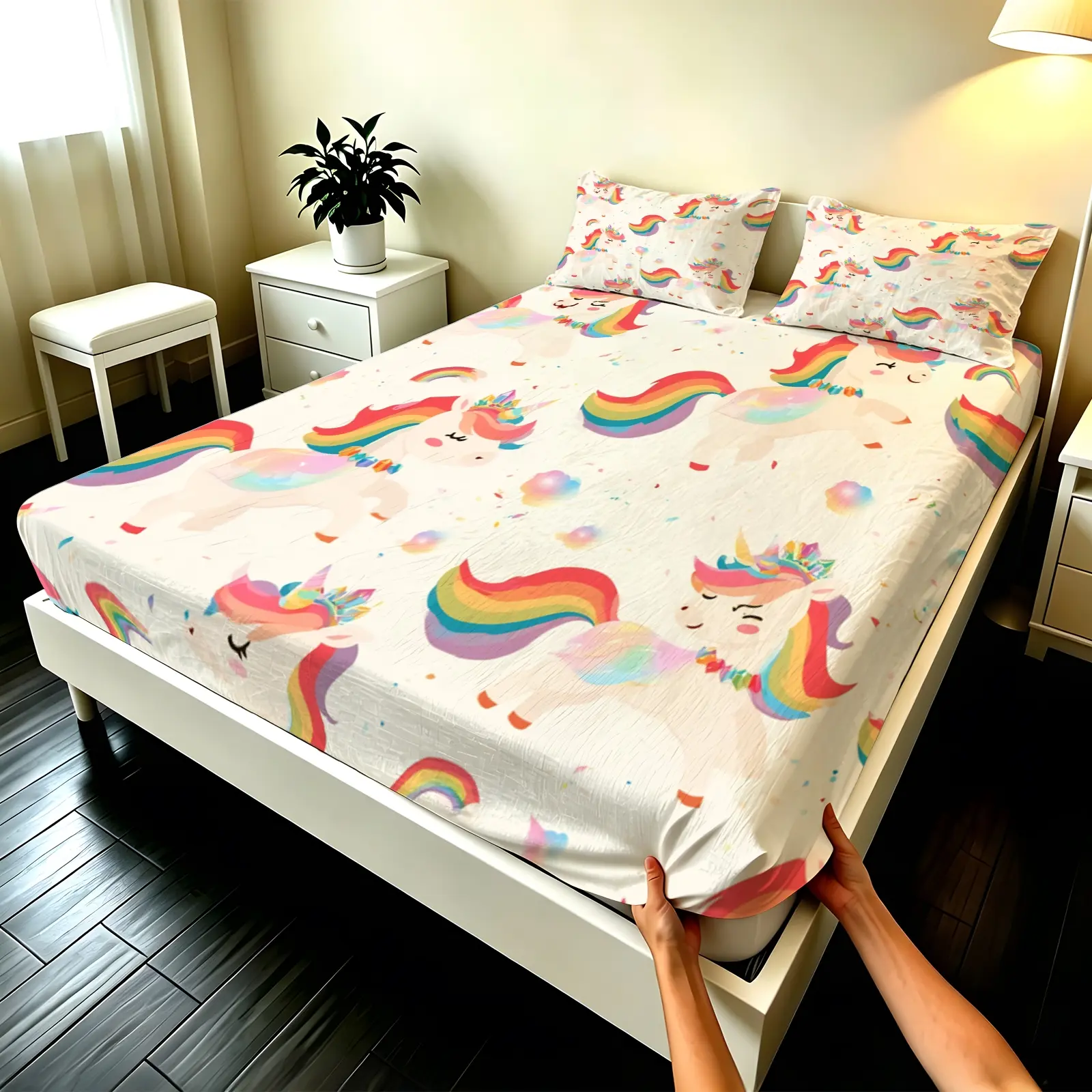 3pcs Fitted sheet Rainbow Unicorn Pattern Ultra Soft Microfiber Bedding Set Wrinkle Resistant Fade Proof Breathable for Home Bedroom Hotel Twin Full Queen King Size (Excluding filling and pillow inner)