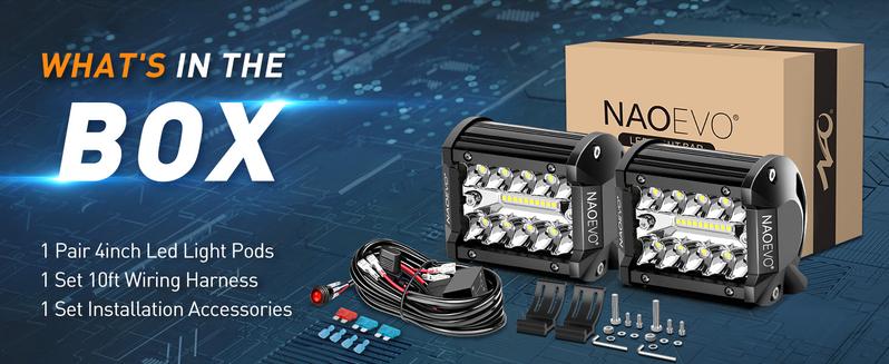 NAOEVO 4 Inch LED Pod Lights, Spot Flood LED Fog/Driving/Off Road Lights with 2 Leads Wiring Harness, Cube Pods for Truck Boat ATV UTV, 2 Pcs (White)