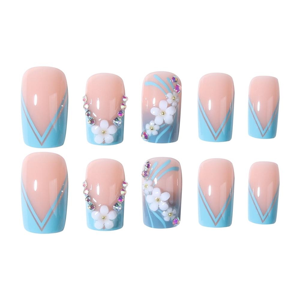 24pcs Medium Square Blue French 3D Gel Nails, Rhinestone Decor, Sweet European Style, Easy Wear Acrylic False Nails Set for Women Girls