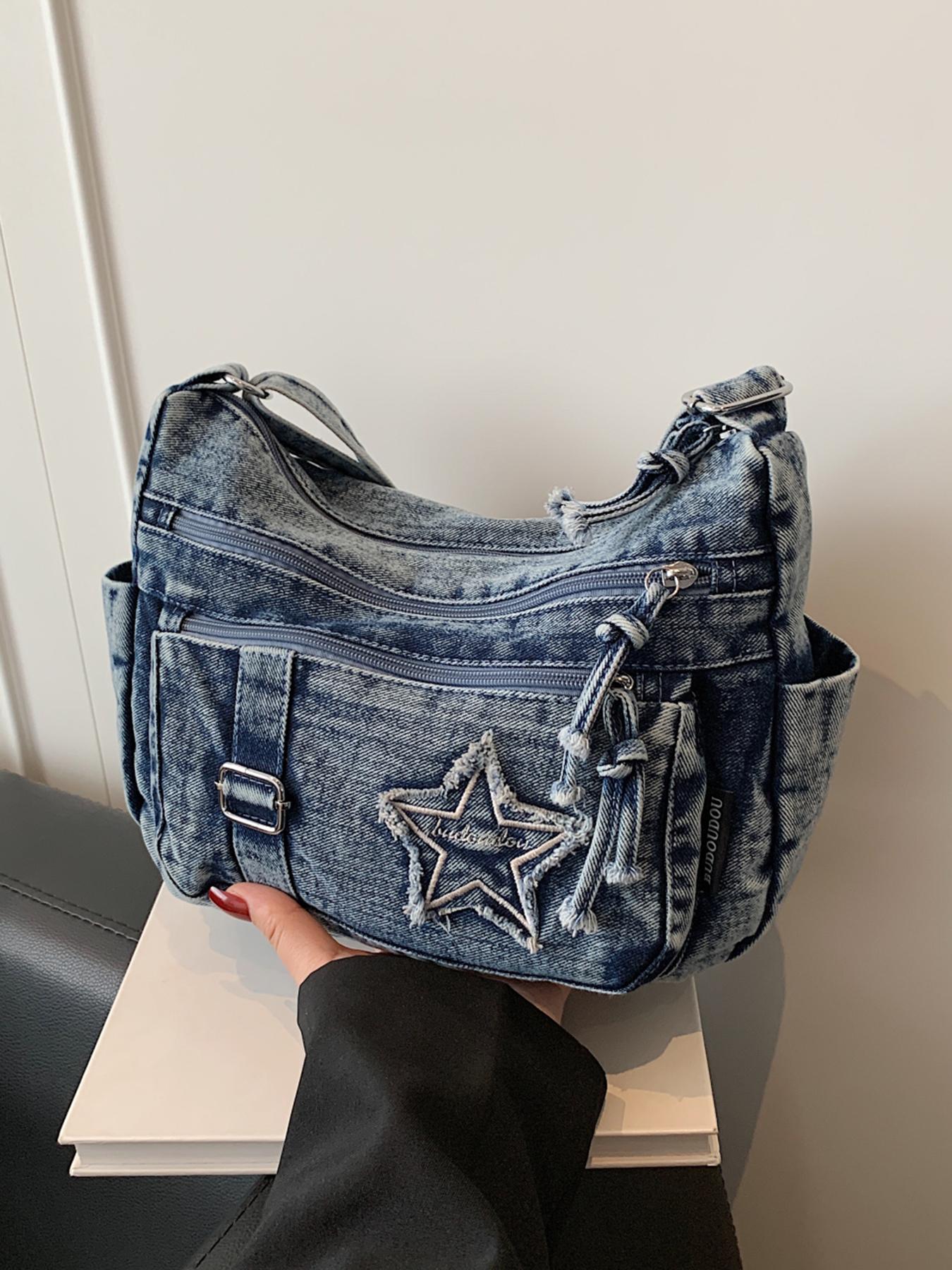 Casual retro texture Denim shoulder bag, Denim shoulder satchel, practical versatile crossbody bag, with multiple zippered pockets and a five pointed star pattern printed, suitable for commuting, shopping