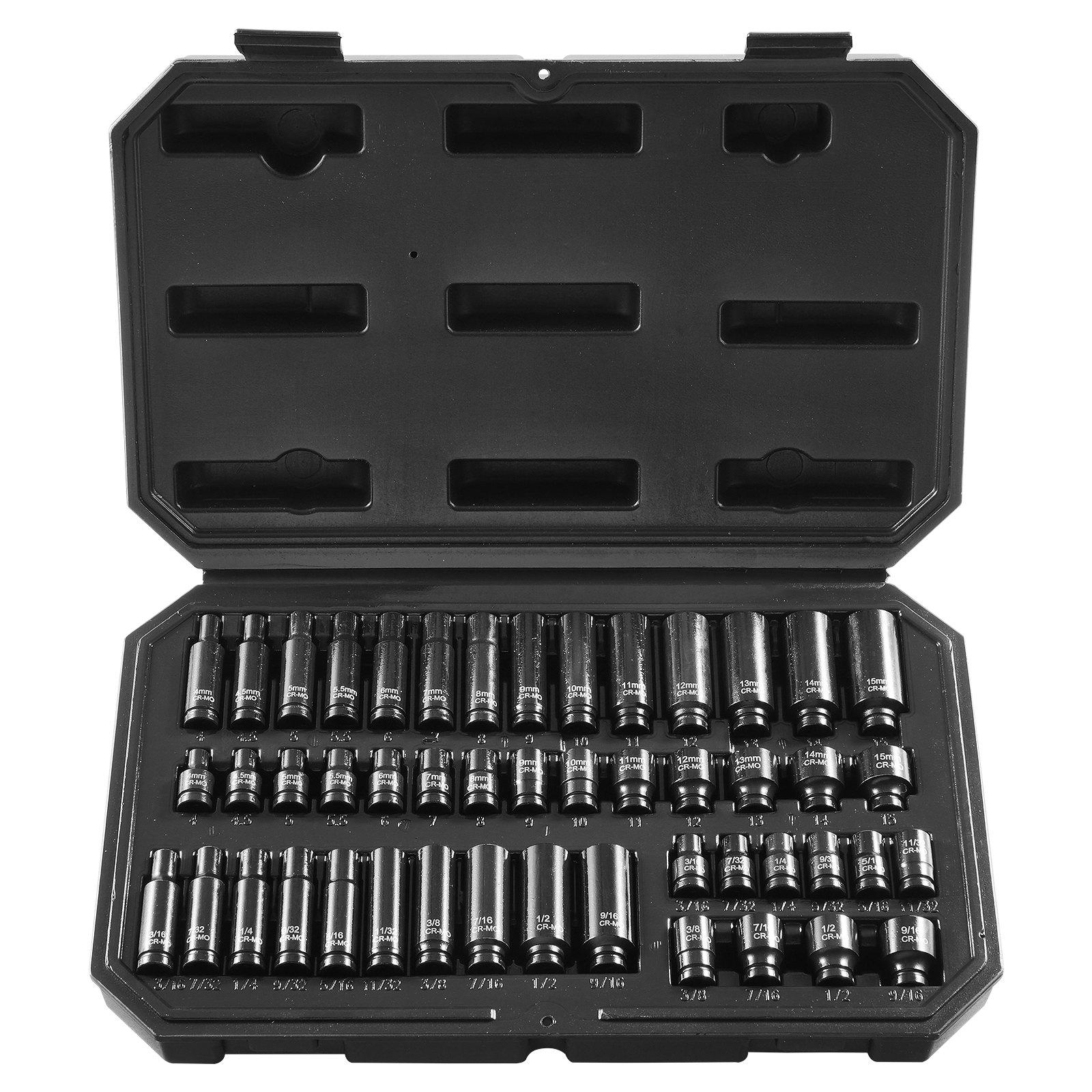 VEVOR Drive Impact Socket Set 1/4"  - 14 Piece Deep Socket Set Metric 4-15mm - 6 Point Cr-Mo Alloy Steel for Auto Repair - Easy-to-Read Size Markings - Rugged Construction - Socket Organizer