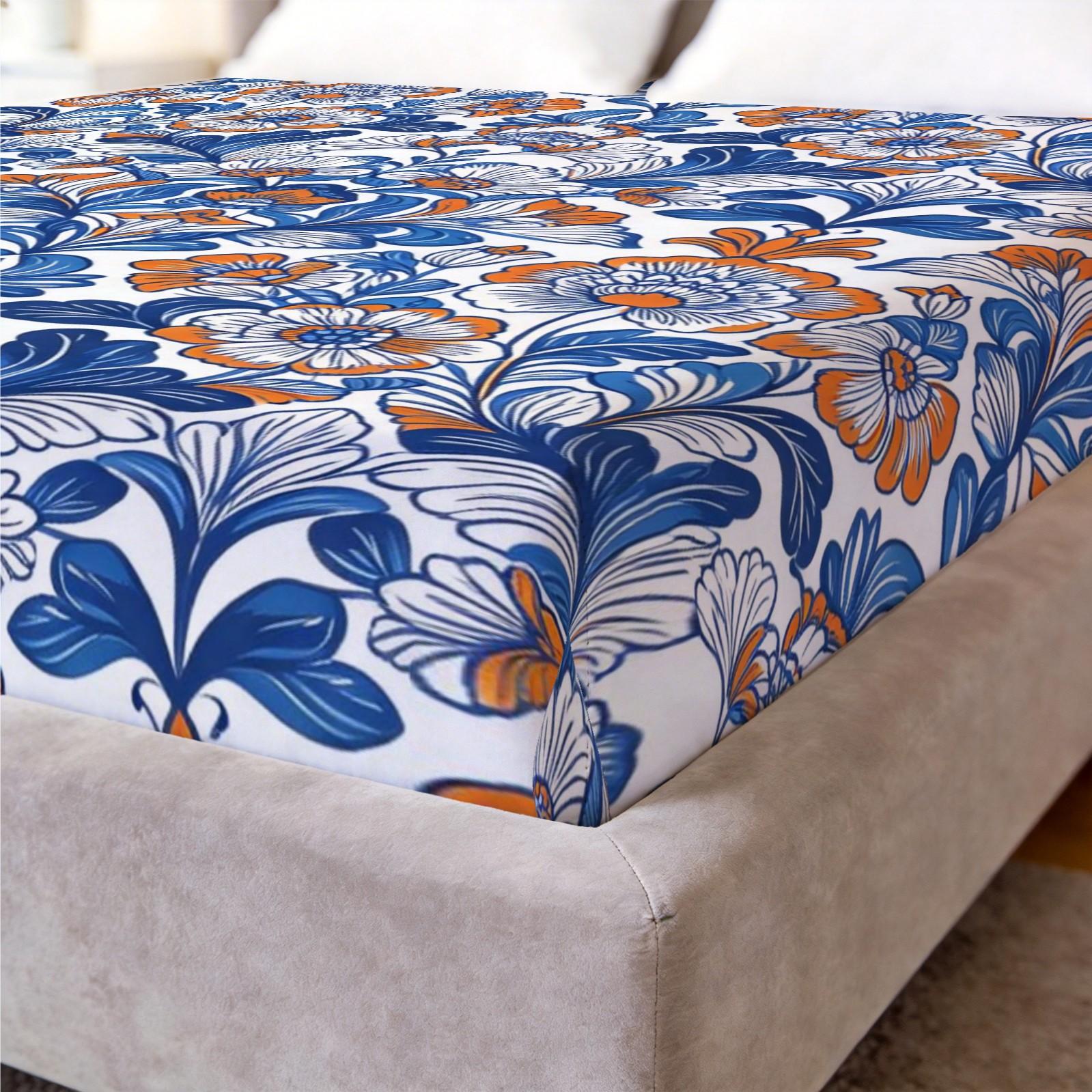 3 Piece Bohemian Blue Orange Floral Fitted Sheet Set, HD Digital Printed Bed Sheet Set, Deep Pocket Soft Bedding Set ( No Inserts) for Bedroom Decor