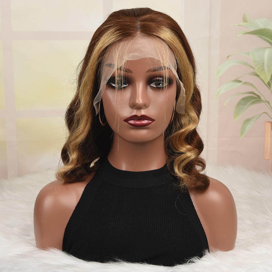 180 Density Brown Blonde Body Wave Bob Wig Human Hair 13x4 Transparent Lace Frontal Human Hair Short Bob Wig For Women Human Hair Glueless Bob Wig Human Hair Pre Plucked Short Bob Wigs for Black Women