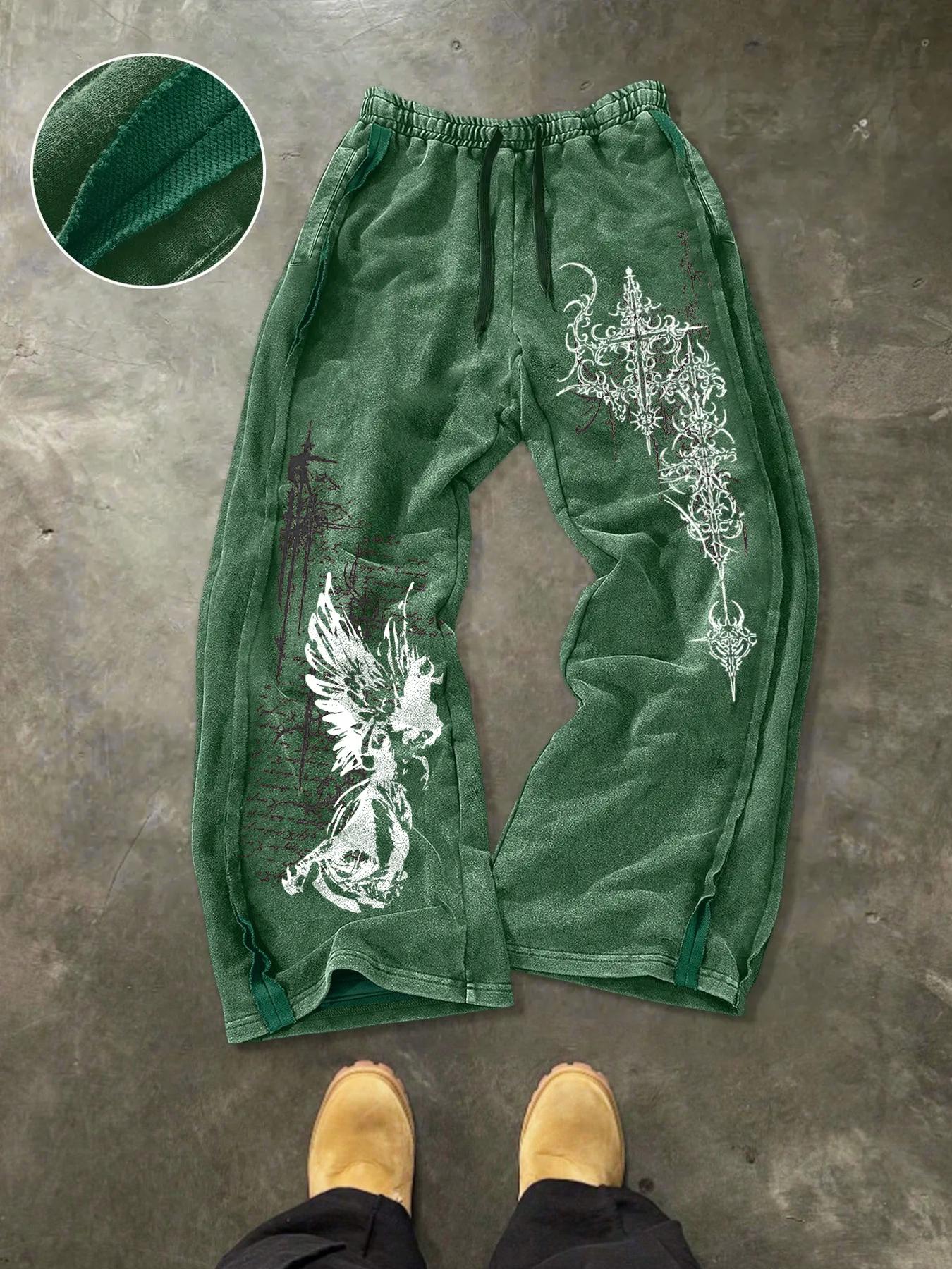 Men's Washed Cotton Sweatpants with Side Hem Stitching Design, Gothic Print Pattern, Comfortable Casual Pants for Daily Wear