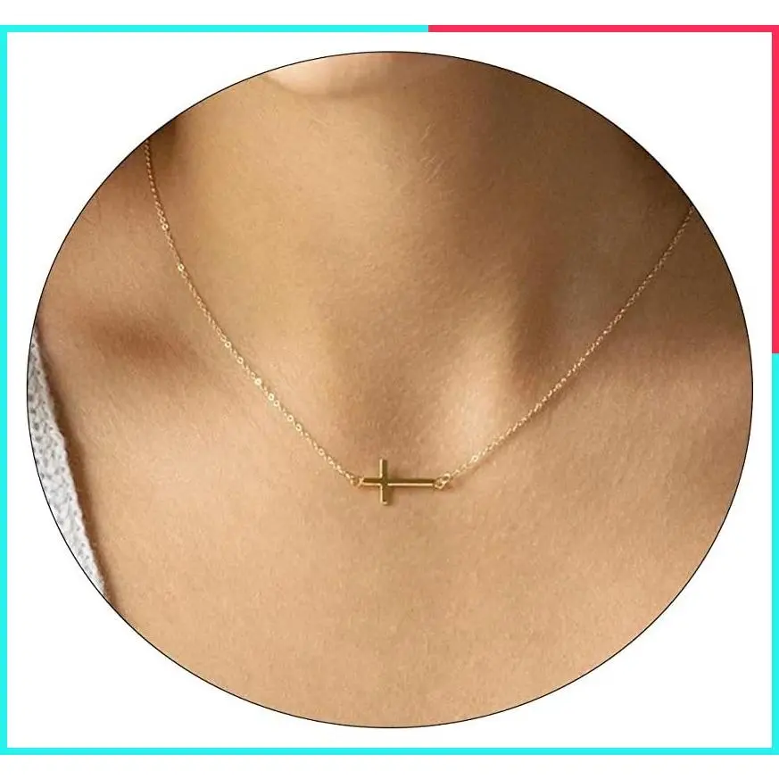 Gold Cross Necklace for Women 14K Gold Plated Cute Sideways Cross Pendant Choker Simple Trendy Everyday Jewelry