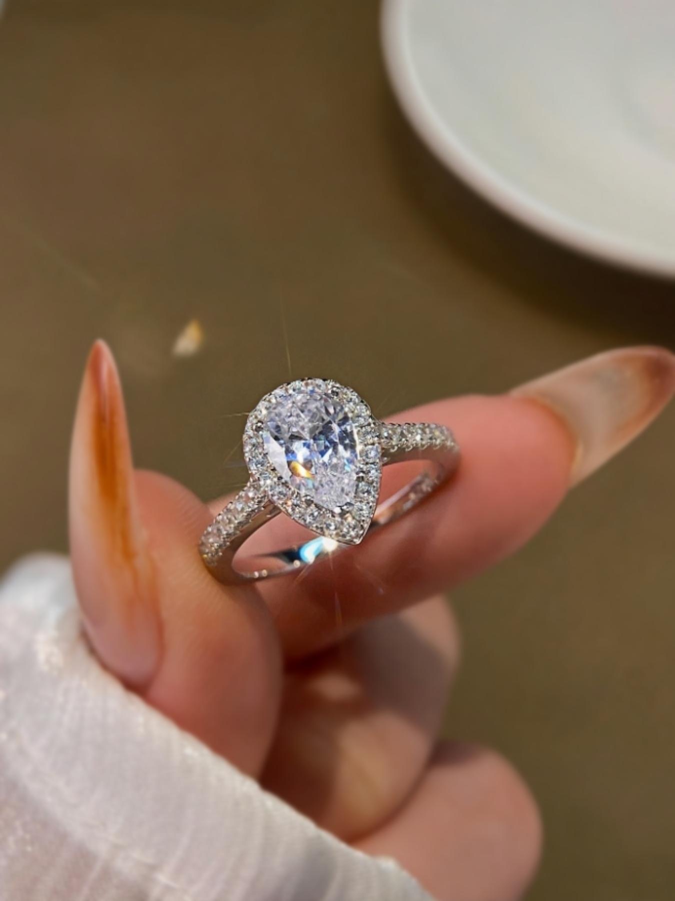 S925 Sterling Silver Water Drop Shaped Artificial Zircon Decorated Ring, Luxury Engagement Ring for Women, Trendy All-match & Exquisite Jewelry for Birthday Gift