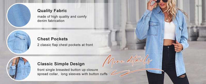 Chouyatou Women's Spring Long Sleeve Denim Jean Shirts Button Down Shirt Business Casual Tops