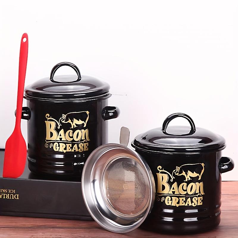 Enamel Bacon Grease Keeper with Fine Strainer & Lid, Strainers for Kitchen, Residue Filter Oil Dispenser, Reusable Round Food Storage Jar for Lard Meat, Farmhouse Red Kitchen Decor, Gift for Family Friends Christmas