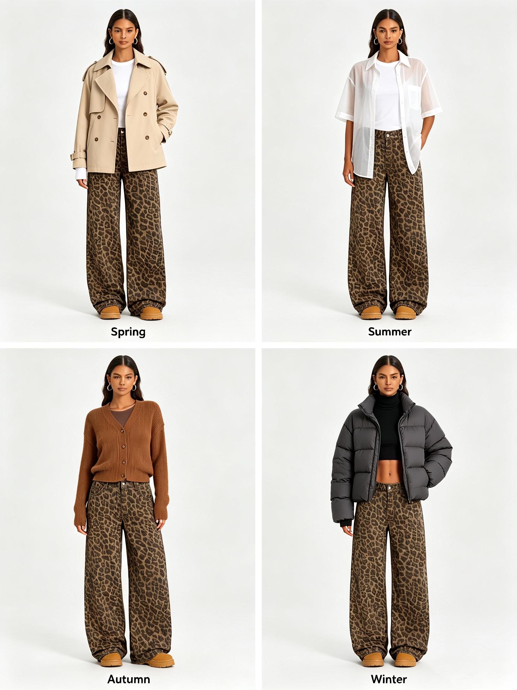 Women's Leopard Print Wide-Leg Oversized Pants, Loose-Fit Elastic Waist Button-Fly Trousers, Casual Trousers, Multiple Colors Available, Boho Style Pants, Bohemian Casual Pants, Casual Fashion Trousers