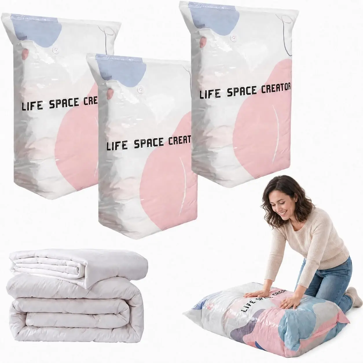 3 Pack No Pump Vacuum Storage Bags, Vacuum Seal Bags, Large 3D Cube Space Saver Bags | Press out air with no pump; roomy 3D cube bags organize clothes, comforters and blankets for closets, travel or moving.