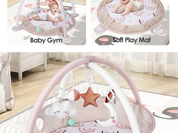4-in-1 Baby Play Mat Baby Gym,Tummy Time Mat for Floor Activity Gym Ball Pit Including 30 Balls with 5 Infant Learning Sensory Baby Toys for Newborn Toddler Boy & Girl Gifts(rainbow)