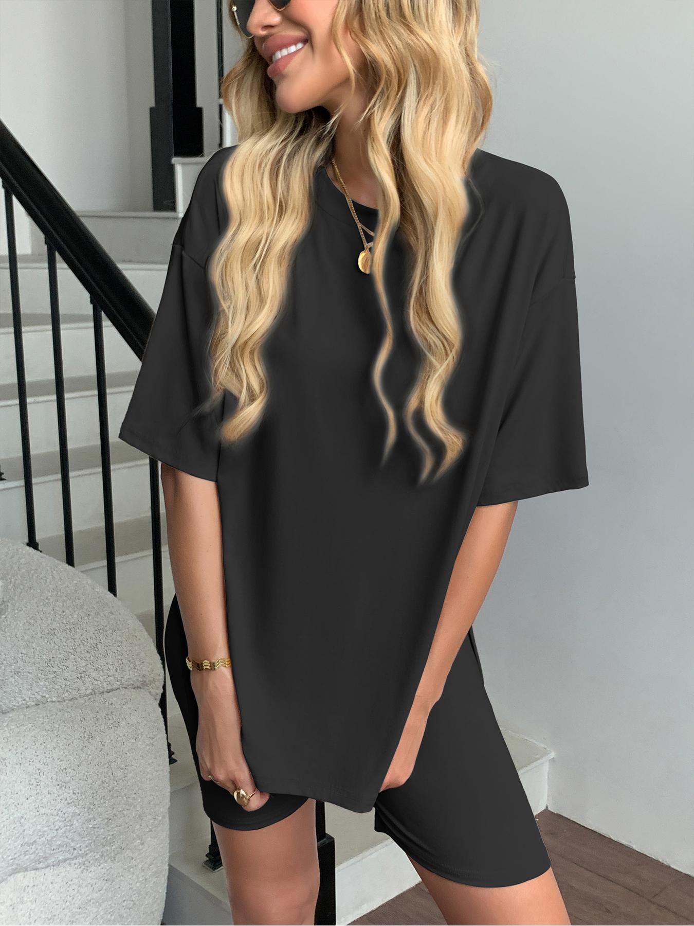 Women's Solid Color Tee & Skinny Elastic Shorts Loungewear Set, Comfortable Round Neck T-Shirt & Shorts, Perfect for Summer Sleepwear