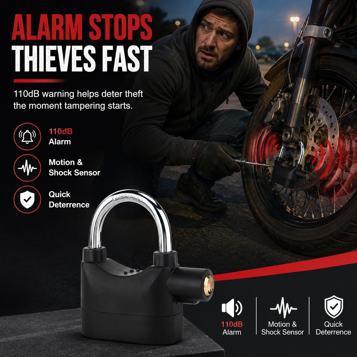 110dB Loud Alarm Padlock with 3 Keys, Outdoor Stainless Steel Door Lock, High-Security Hanging Lock for Garage Doors, Fence Gates, Tool Boxes and Storage Units