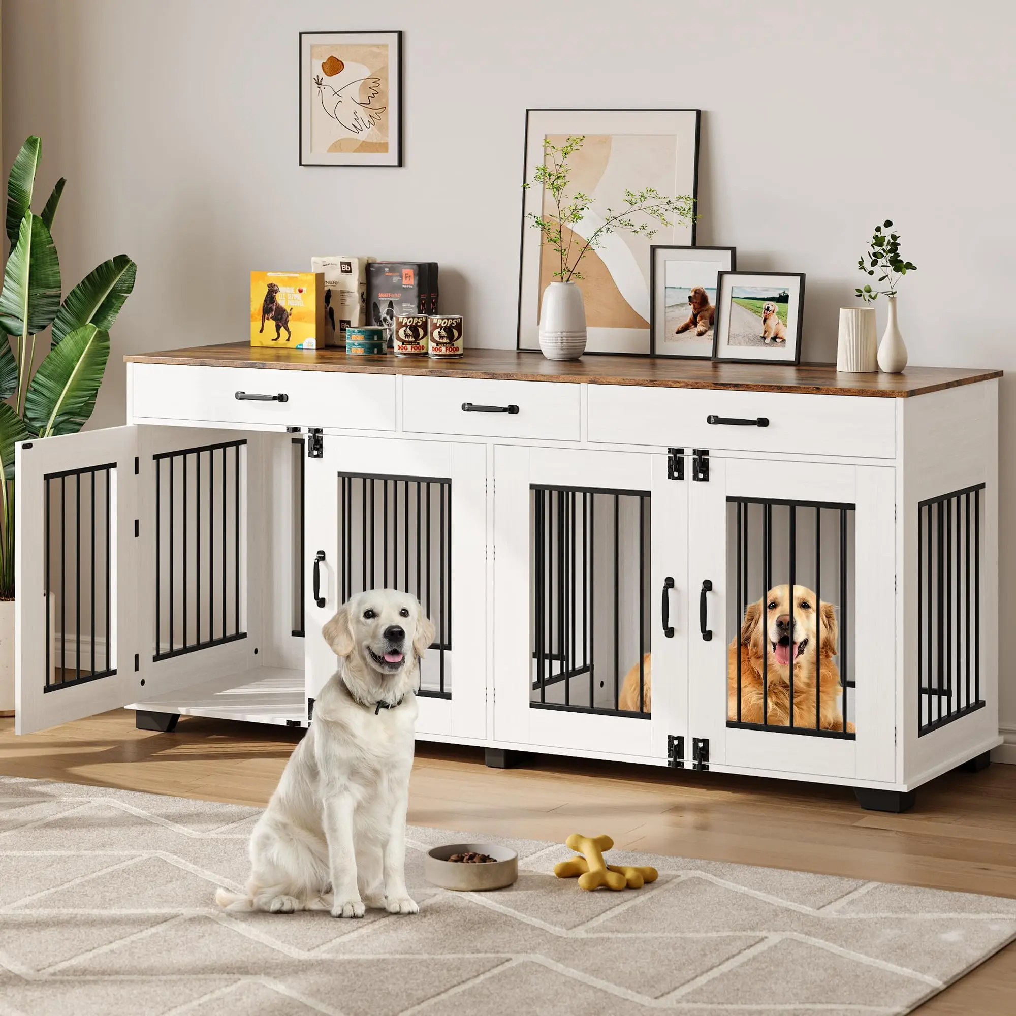 GARVEE 71'' Large Dog Crate for Two Dogs with Heavy Duty Cage Design, Includes 3 Drawers for Storage, Doubles as Furniture Stand in White, Suitable for Medium to Large Dogs