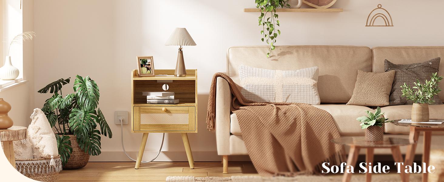 SUPERJARE Nightstands Set of 2, Night Stands with Charging Station & PE Rattan Decor Drawer, Bed Side Tables with Solid Wood Feet, End Table, for Bedroom, Living Room