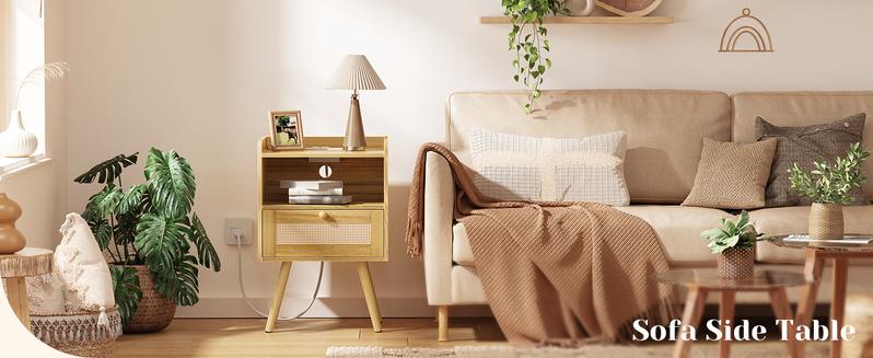 SUPERJARE Nightstands Set of 2, Night Stands with Charging Station & PE Rattan Decor Drawer, Bed Side Tables with Solid Wood Feet, End Table, for Bedroom, Living Room