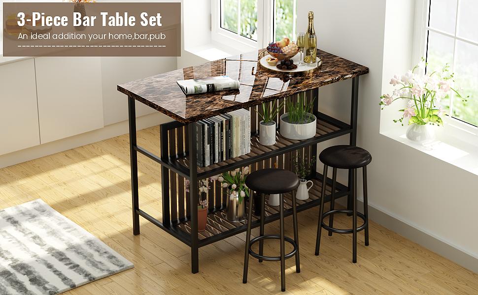 AWQM 3-Piece Kitchen Island Set with Storage, Faux Marble Dining Table & Chairs for 2, Small Space, White/Brown/Walnut