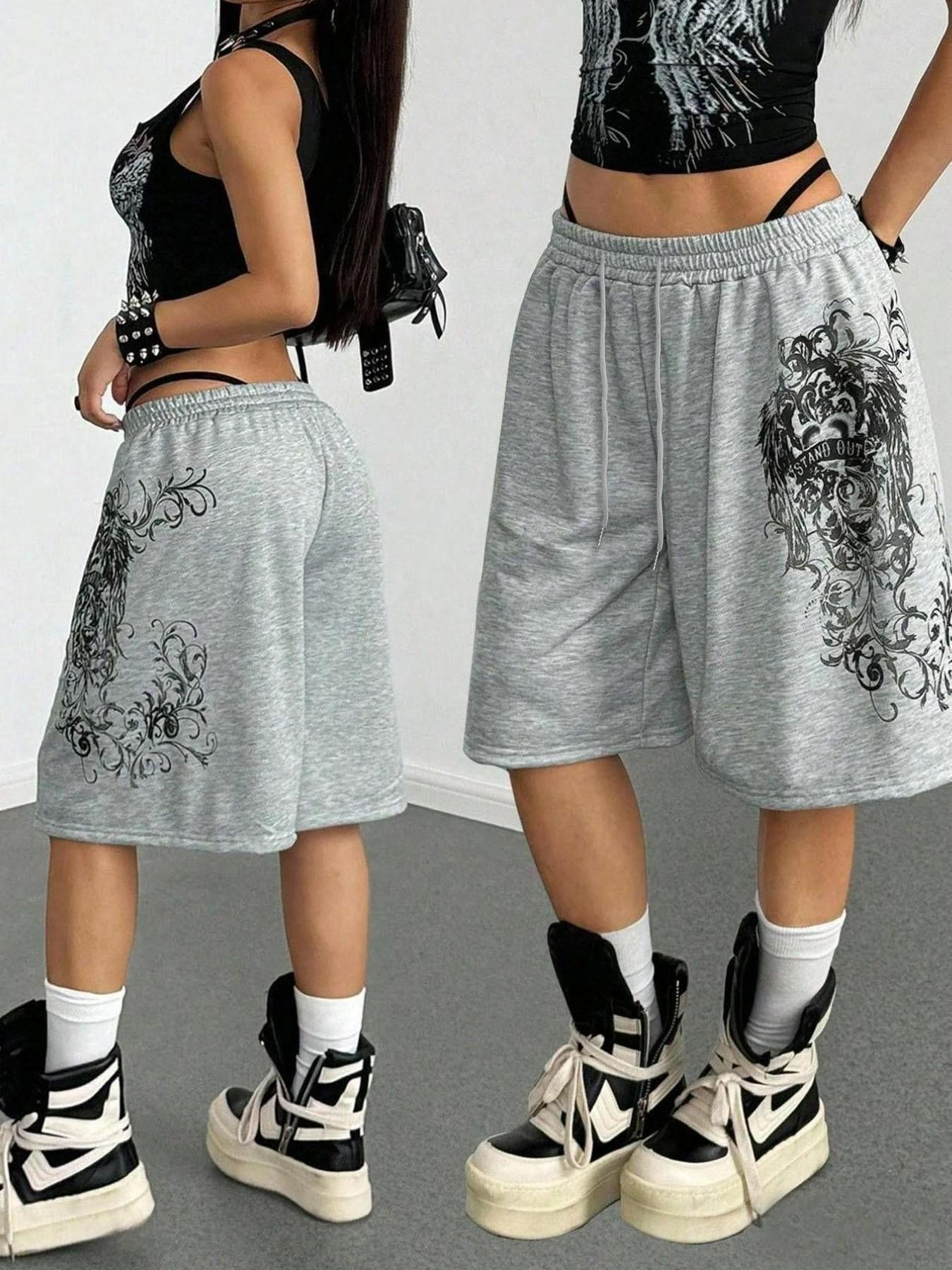 Women's Vintage Gothic Print Elastic Waist Sweat Shorts, Grey Loose Casual Athletic Shorts, Y2K Streetwear Style, Perfect For Party & Daily Outfits