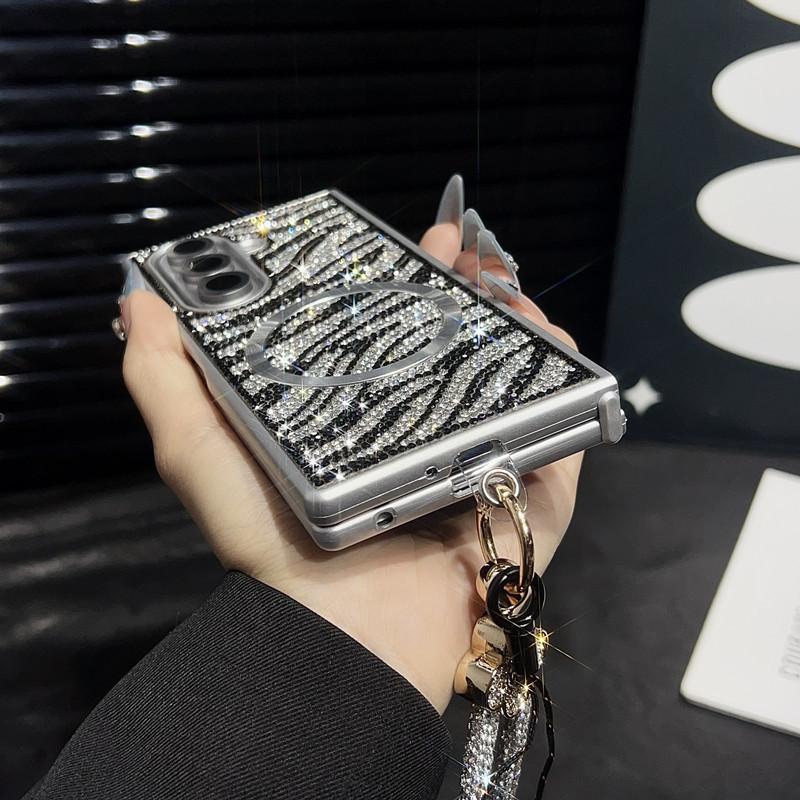 Compatible with Z Fold7/Z Fold6/Z Fold5/Z Fold4/Z Fold3 | Rhinestone Magnetic Lanyard Full Wrap Shockproof Large Fold Phone Case HNZ0483