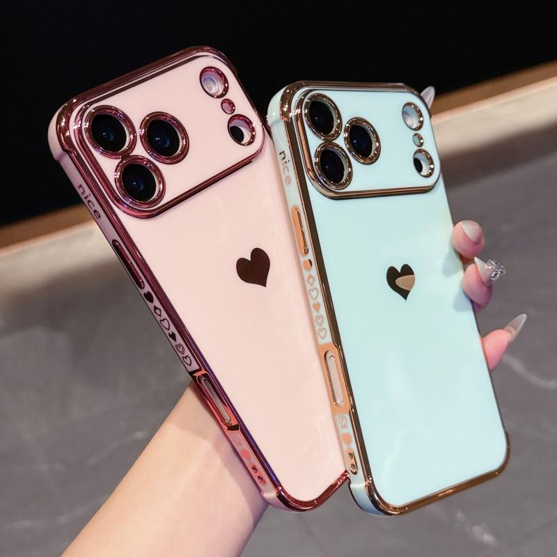 for iPhone 17 Pro Max 16 15 14 13 12 Phone Case, Luxury Cute Gold Love Heart for Women Side Small Pattern Luxury Plated Edge Camera Protection Soft Silicone Shockproof Bumper Cover
