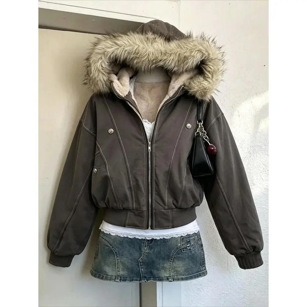 Women Winter Faux Fur Hood Parka Coat Long Sleeve Zip Up Warm Thick Windproof Casual Loose Outerwear Daily Street Jacket Fashion