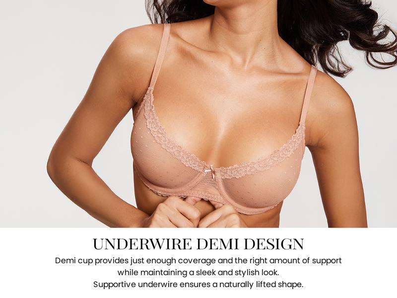 DOBREVA Women's Balconette Lace Bra See Through Demi Sheer Mesh Plus Size Underwire No Padded