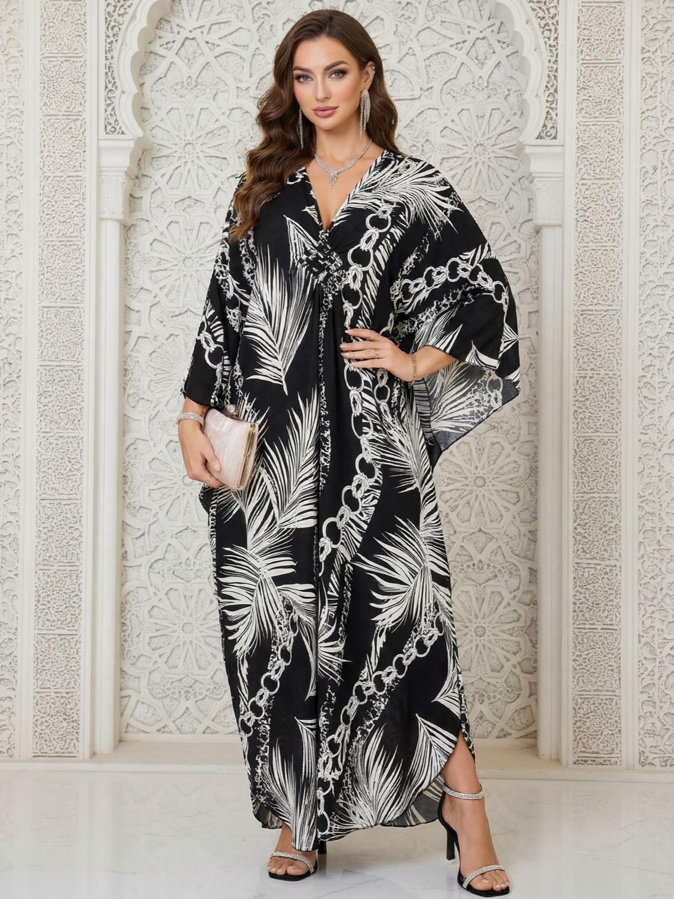 Women's Leopard Print Batwing Sleeve Split Hem Kaftan Dress, Casual Modest Style V-Neck 3/4 Sleeve Long Dress for Fall & Winter, Women's Islamic Clothing for Daily Wear Women's Leopard Print Batwing Sleeve Split Hem Kaftan Dress, Casual Modest Style V-Neck 3/4 Sleeve Long Dress for Fall & Winter, Women's Islamic Clothing for Daily Wear