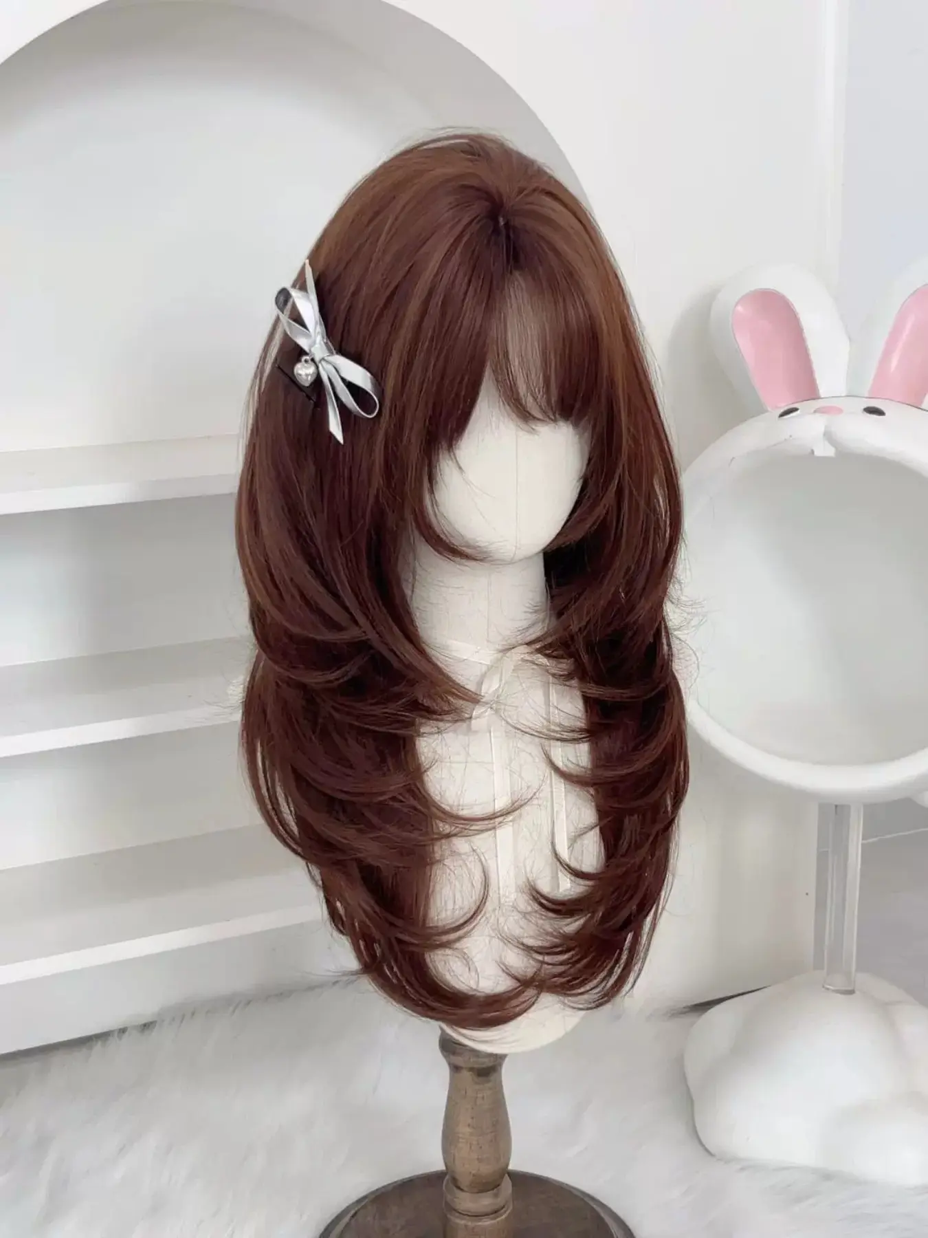 Women's Medium-Length Hair Wig, Honey Brown Hair Wig With Bangs, Summer Thin Full Head Cap, Natural Breathable Realistic Wig