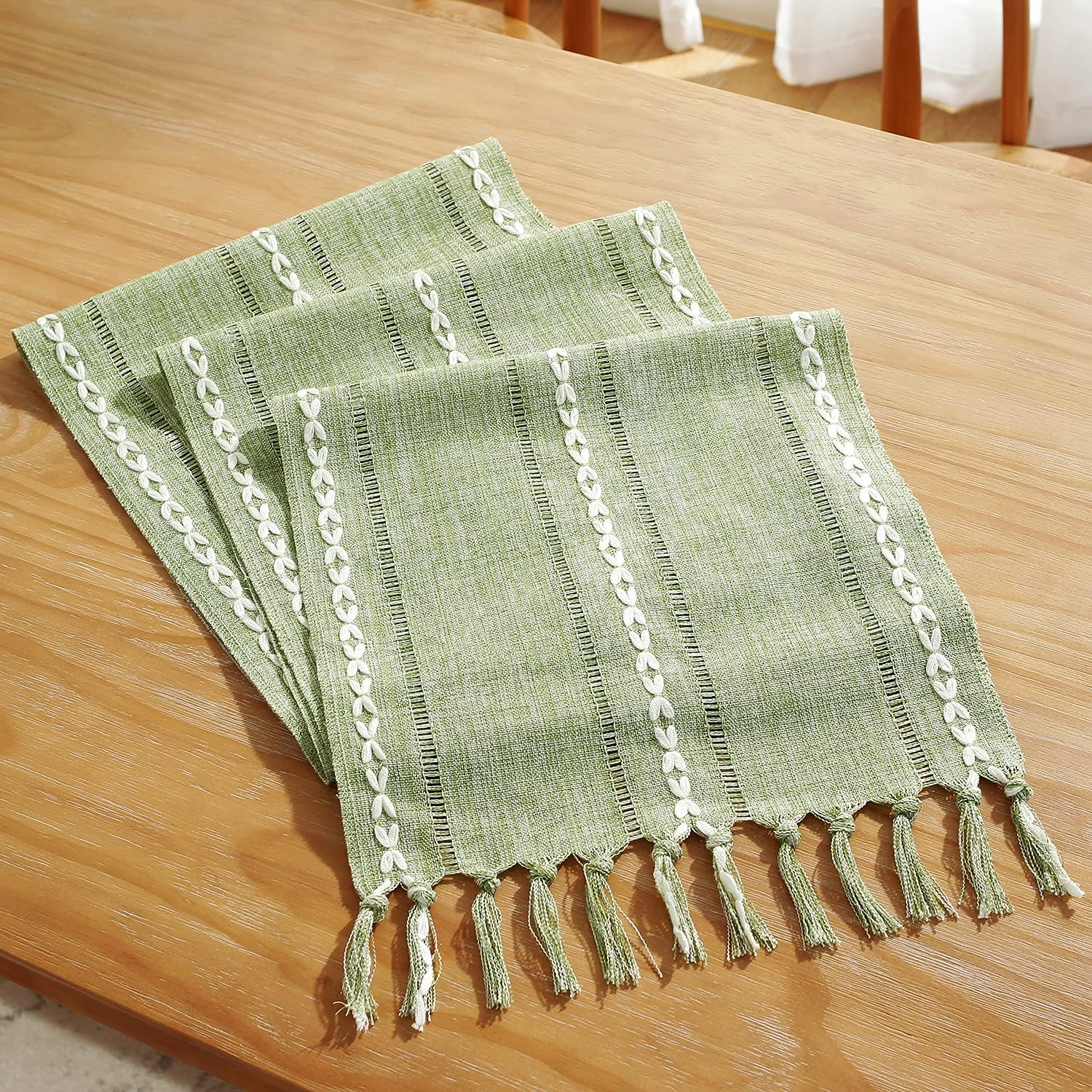 Rustic Farmhouse Style Linen Table Runner, Boho Handmade Tassel Embroidered, 48 Inches Long, Holiday Party, Christmas, Dining Decorations