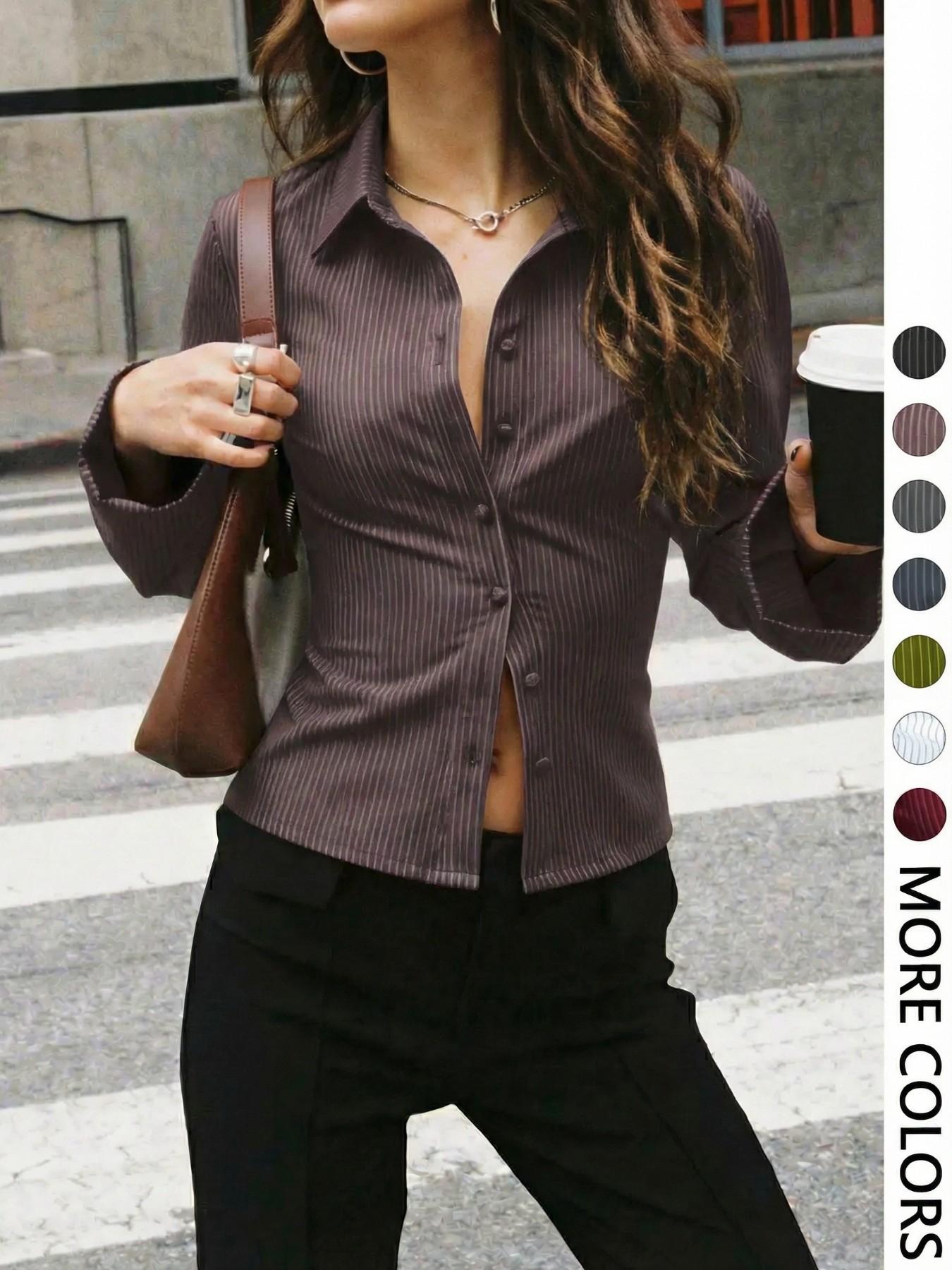 Women's All-Over Striped Print Button Front Blouse, Casual Long Sleeve Top for Spring & Fall, Ladies Clothes for Daily Wear, Casual Fashion Shirt Women's All-Over Striped Print Button Front Blouse, Casual Long Sleeve Top for Spring & Fall, Ladies Clothes for Daily Wear, Casual Fashion Shirt