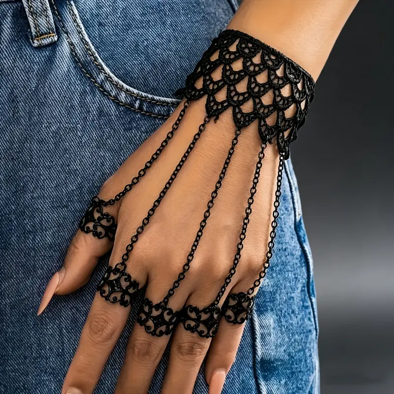 Gothic Black Lace 5-Finger Ring Bracelet, Victorian Style Finger Chain Wrist Harness for Women Costume Party Cosplay Wear