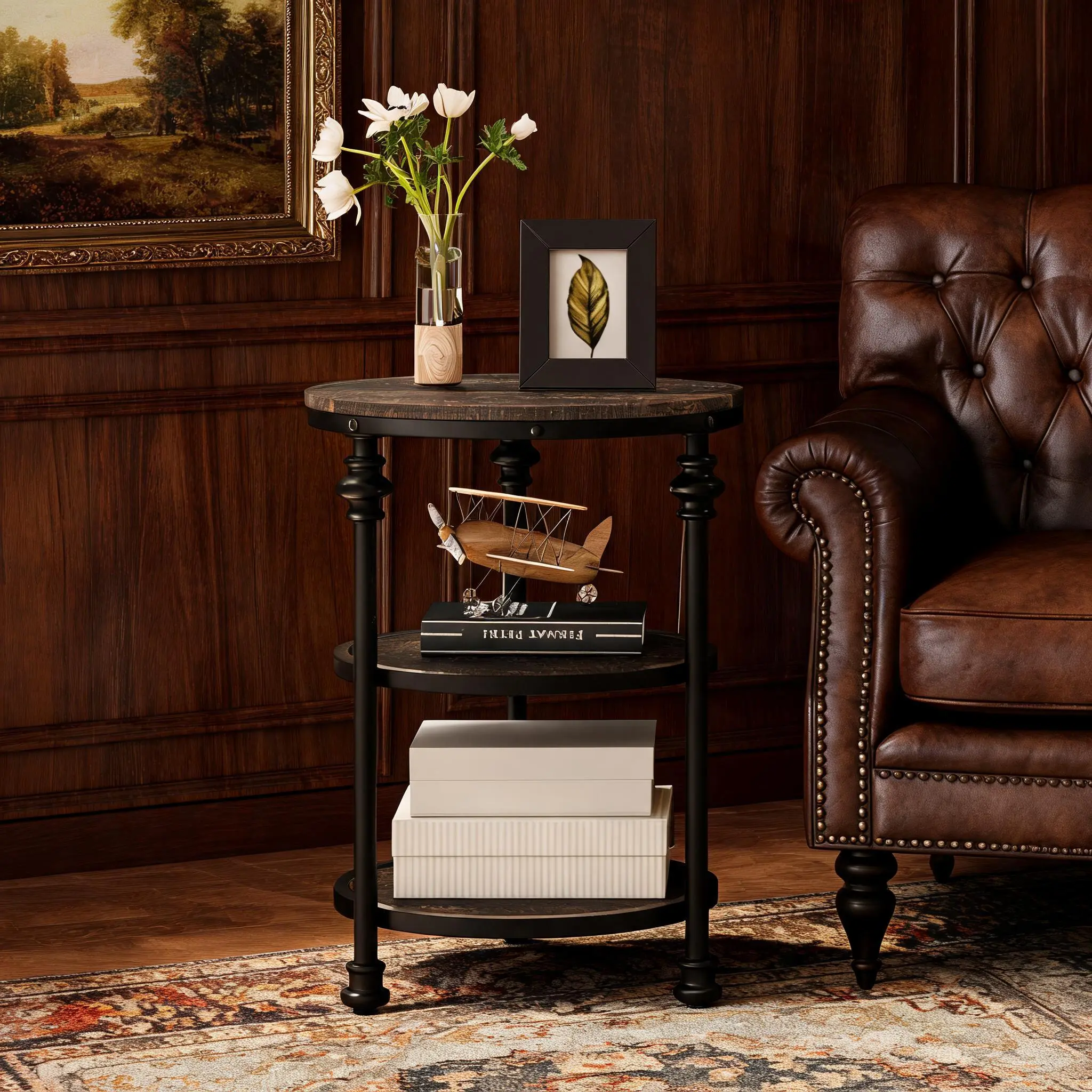 3-Tier Round End Table for Small Spaces, Modern Industrial Side Table/Bedside Table - Storage Shelves - Metal Frame - Living Room/Bedroom Corner Accent - Rustic Brown