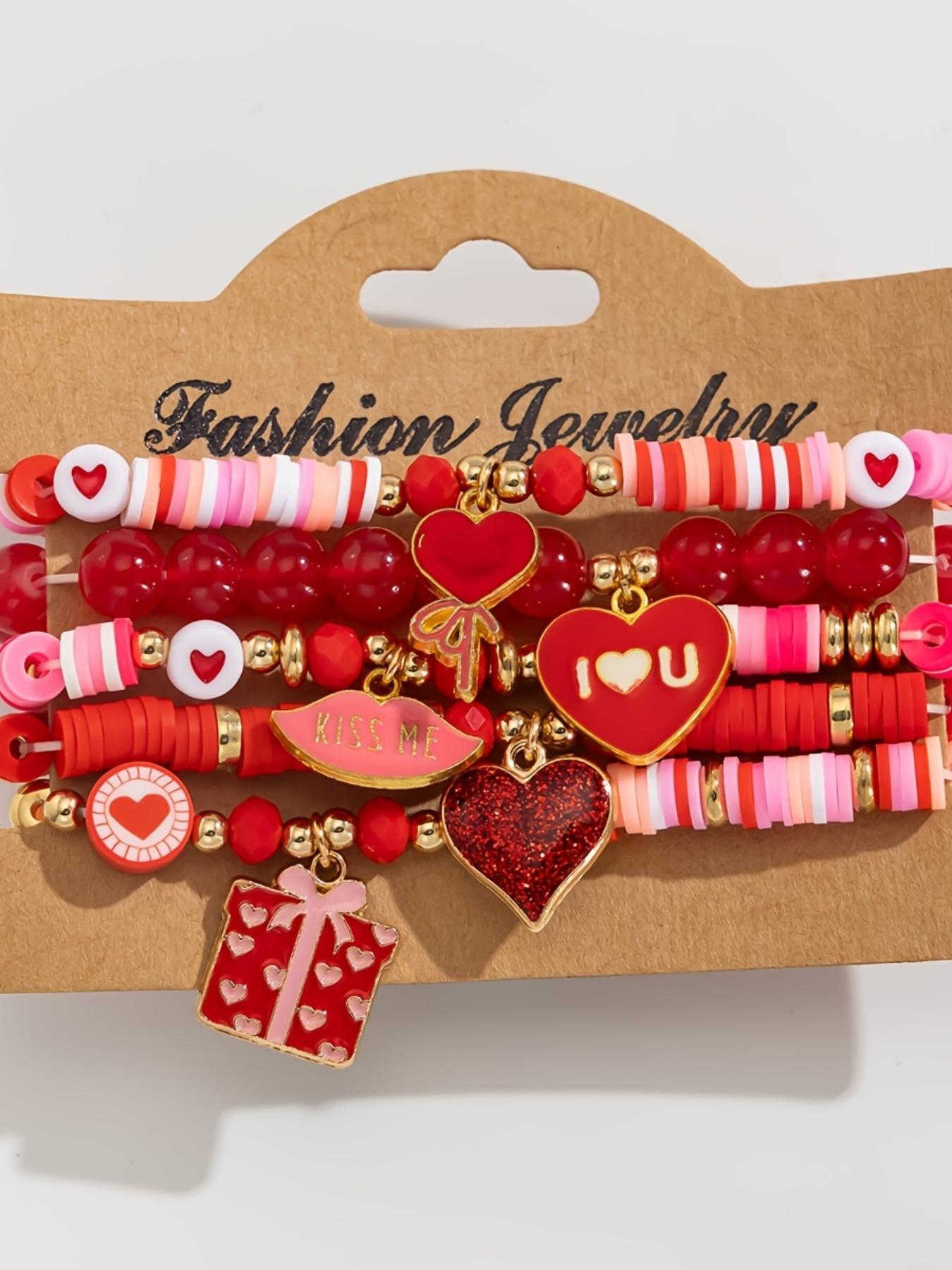 Valentine's Day Handmade Soft Clay Bracelet Set, Elastic Beaded Heart Pendant Jewelry Gift, Perfect for Couples & Romantic Gifts, Trendy Jewellery Accessories