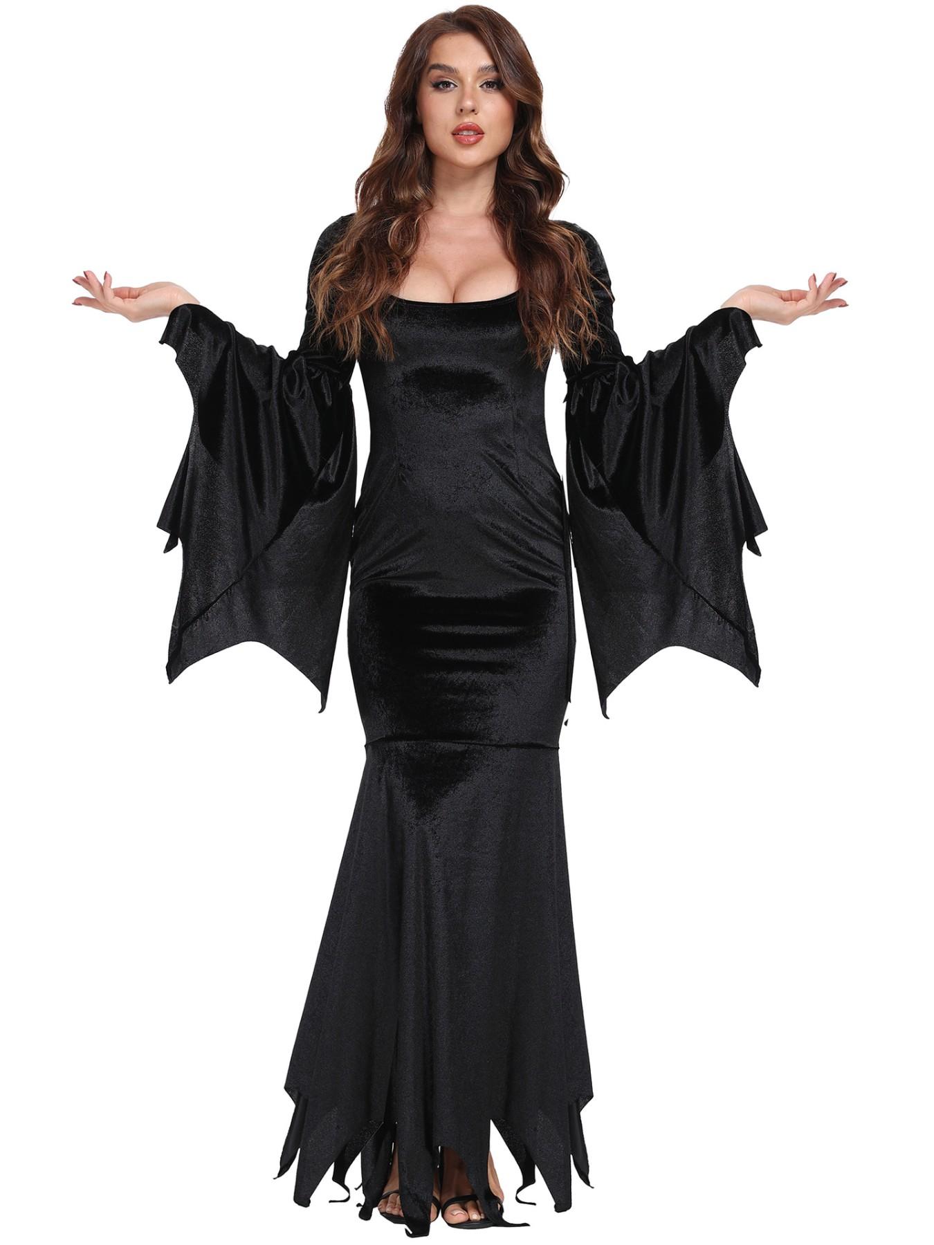 Halloween Bat Witch Ghost Bride Costume, Gothic Witch Vampire Makeup Ball Gown, Performance Dress for All Seasons, Slim-Fitting Solid Pattern