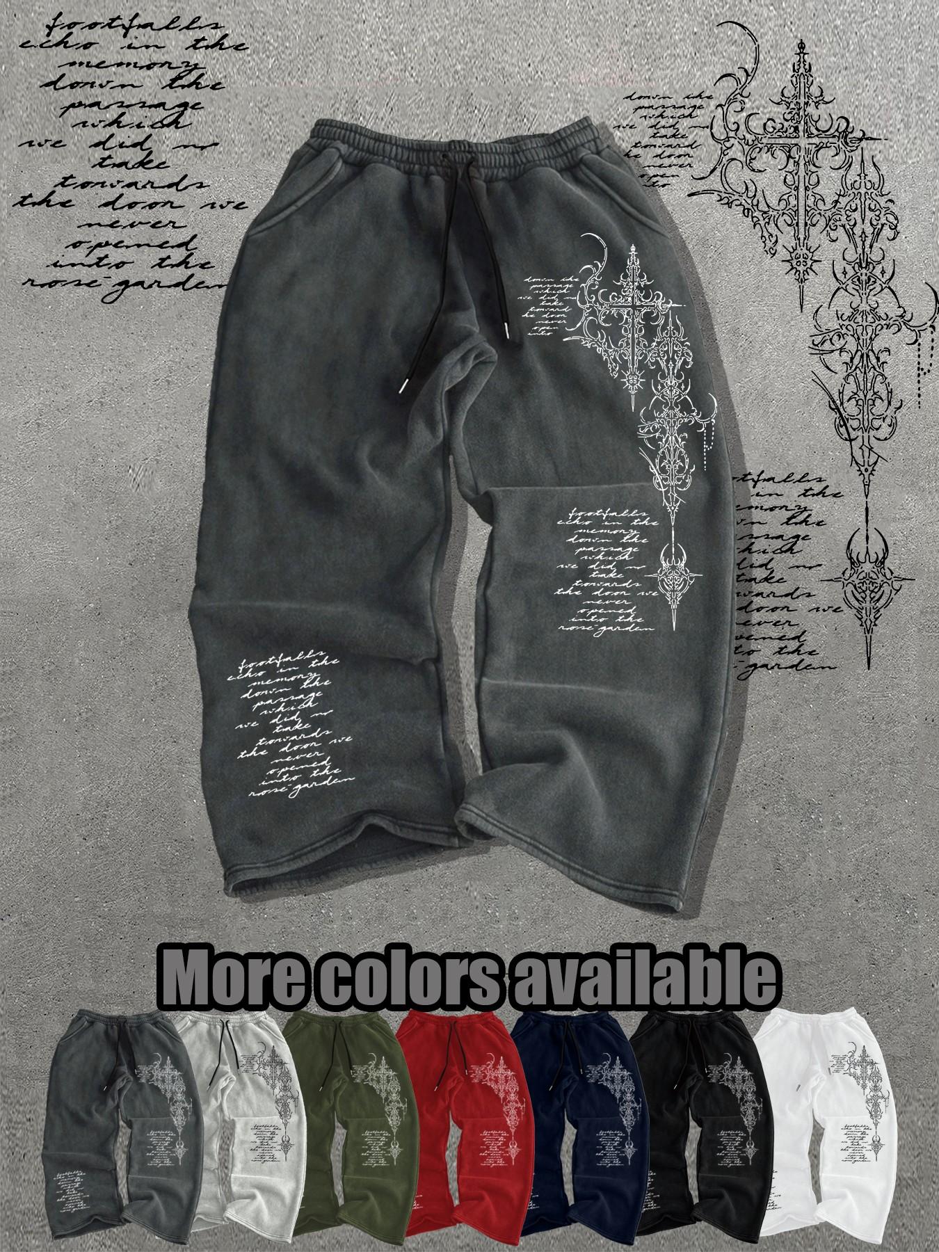 Men's Loose-Fit Graphic Pants, Drawstring Waist Long Pants, Streetwear Style, Casual Everyday Wear, Must-Have for Men's Closet