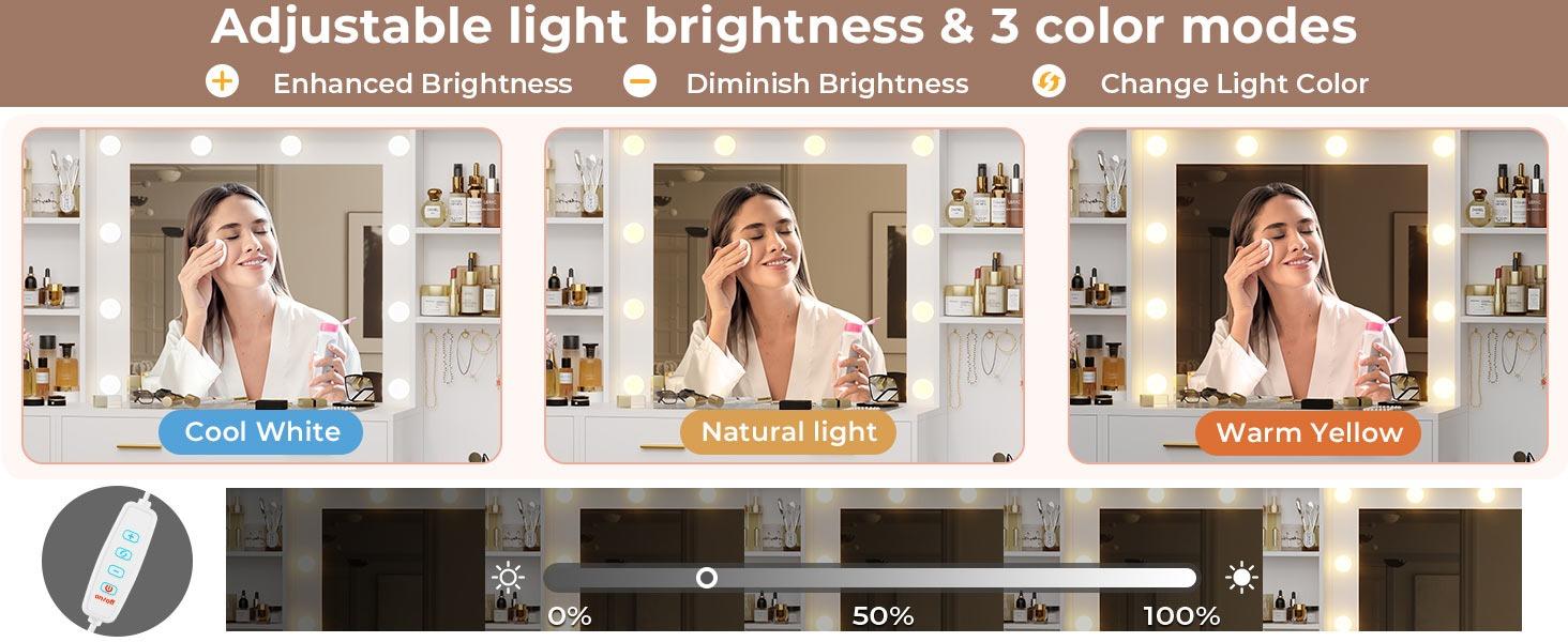 Sikaic 48.8 Inches Large Makeup Vanity Desk with Lighted Mirror & Power Outlet Glass Tabletop Bedroom Dressing Table