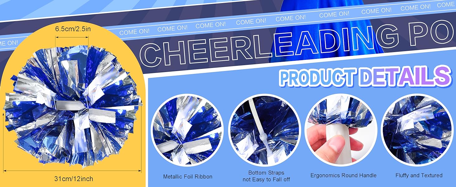 4Pcs Upgraded 12inch Metallic Cheerleading Pom Poms, Cheerleader Pompoms Cheer Poms for Kids Adults, Cheering Squad Pompoms for School Sports Games Dance Party