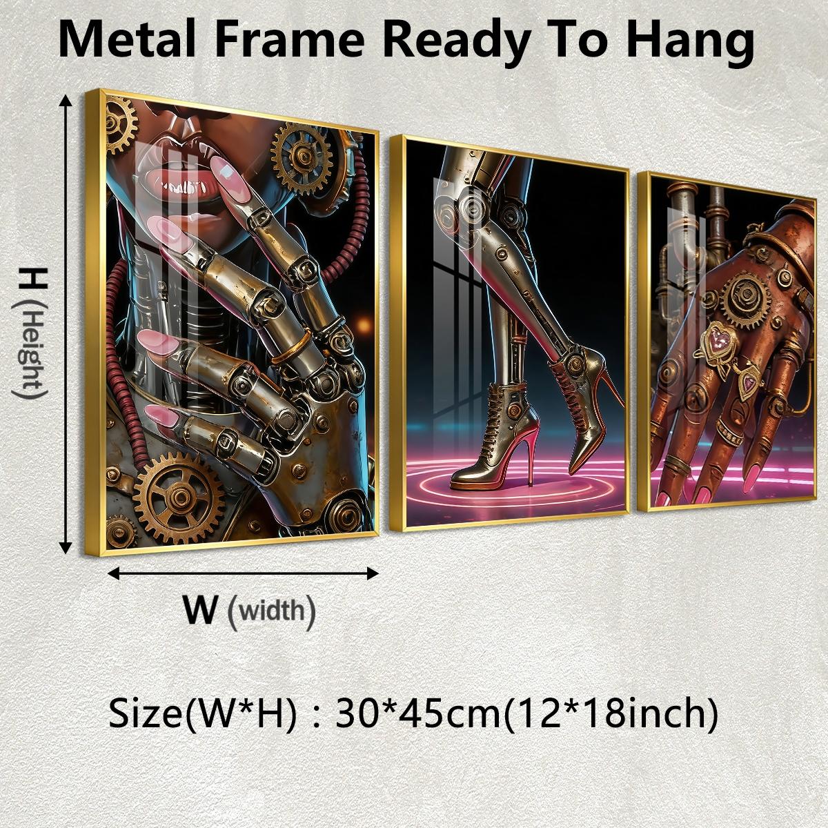 3 Counts Aluminum Alloy Framed Painting, Futuristic Cyberpunk Robot Art Pictures, Home Decoration For Living Room, Bedroom, Office, Restaurant, Hallway Wall Decor, Odorless Print Artwork, Luxury Perfect Gift For Friends And Family