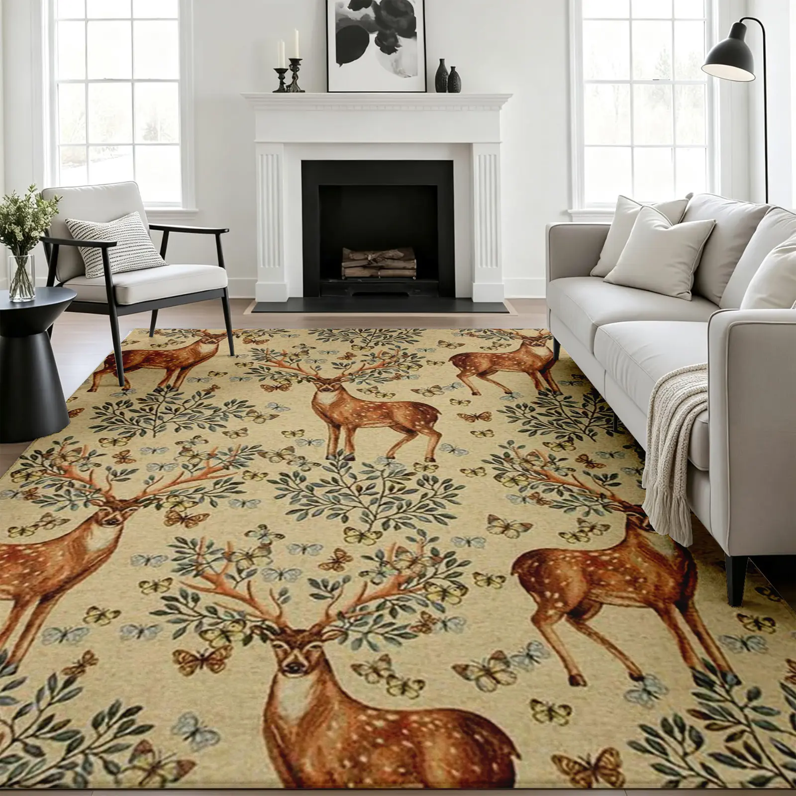 5x7ft Vintage Woodland Deer Motif Botanical Area Rug - Synthetic Fiber, Soft Low-Pile, Non-Slip, Machine Washable Carpet for Living Room, Bedroom, Elegant New Home Housewarming Gift