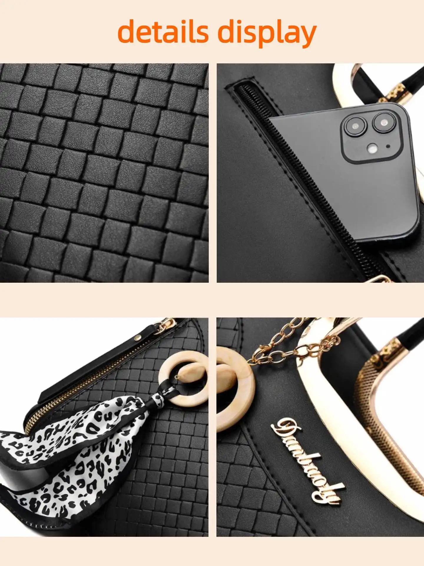 Elegant Women's Handbag Set, High-Quality Diamond Weave Design, Leopard Print Scarf Decoration, Large Capacity Shoulder Bag