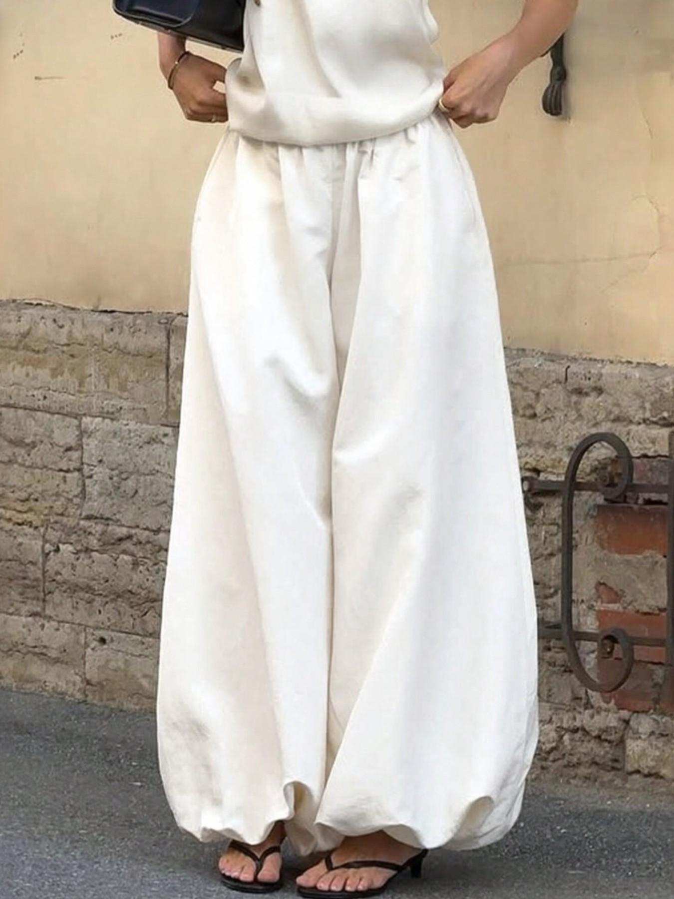 White Elastic High Waist Wide Leg Pants Women Loose Fit Bubble Hem Trousers Casual Streetwear Summer Going Out Bottom Elegant Chic Flowy Balloon Pants Fashion Casual Minimalist Pants Casual Fashion Bottoms Flowing Trousers