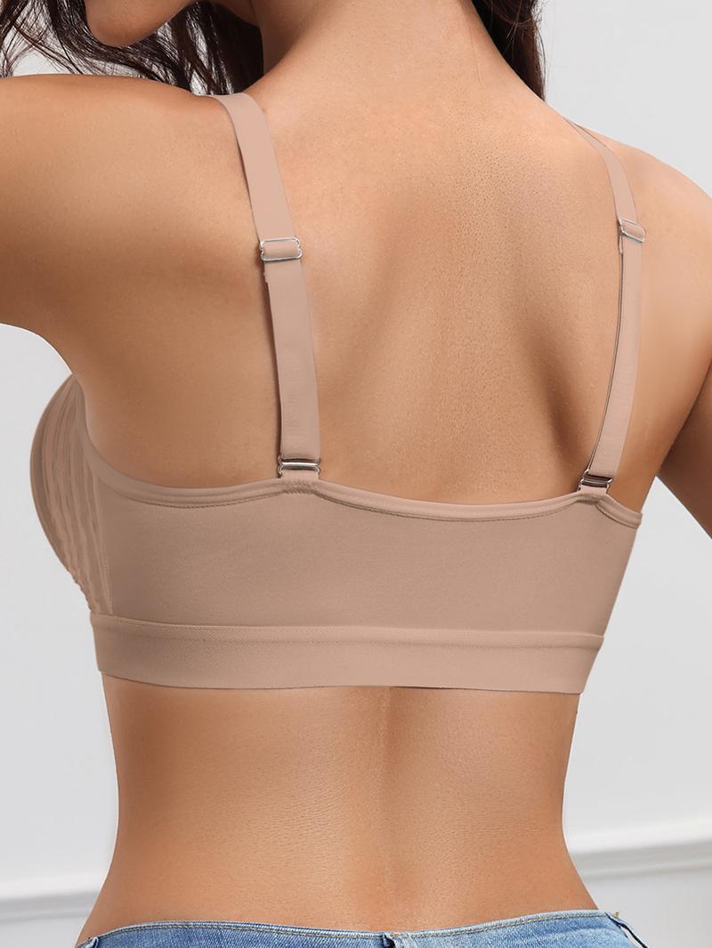 Women's Nude V-Neck Lace Patchwork Hollow Out Bra, Comfortable Fashion Design, Suitable for Daily Wear, Casual Sleeveless Top