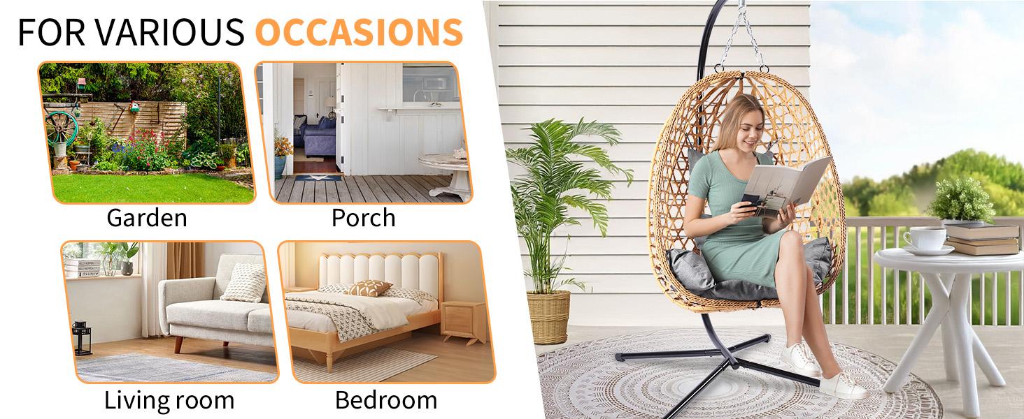 Hanging Egg Chair with Stand – Handwoven Rattan Patio Swing with Cushion, 350lb Capacity – Indoor/Outdoor Chic for Patio, Garden & Poolside